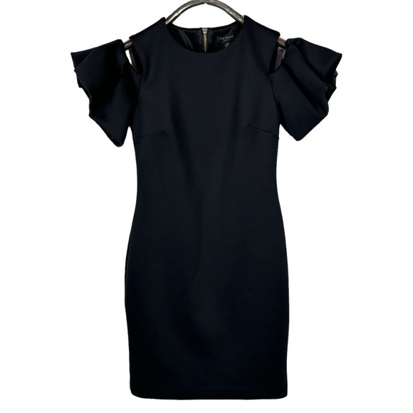 TED BAKER LONDON SALNIE BLACK COLD SHOULDER RUFFLE SHEATH COCKTAIL DRESS - Picture 4 of 16